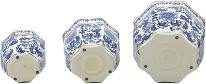 Galt International Blue & White Round Fluted Classic Floral Porcelain Ceramic Plant Flower Planter Pot Set of 3 (7.5", 10", 13") Garden Pots Chinese Asian Design