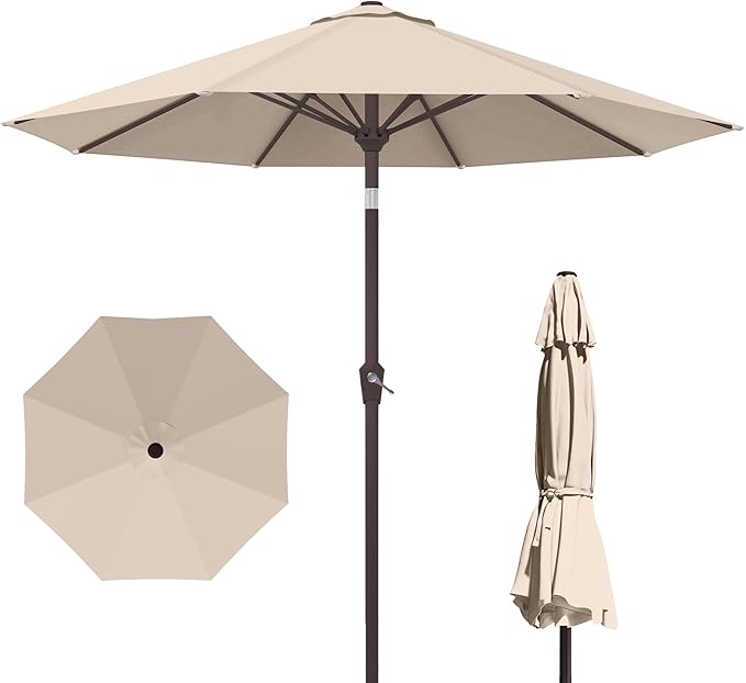 PatioKingdom 10FT Patio Umbrella with Push Button Tilt and Crank, Outdoor Market Umbrella with 8 Fiberglass Ribs, UV Protection Table Umbrella for Pool,Backyard,Garden,Deck(Beige, 10FT)