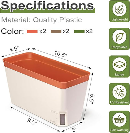 OurWarm Windowsill Herb Planter Box Set of 6, 10.5 Inch Self Watering Pots for Indoor Plants, Flower Box with Water Level Window, Colorful Plastic Flower Pots & Planters for Herbs, Vegetables, Flowers