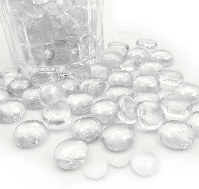 Flat Glass Marbles 1 Pound Vase Filler Fire Pit Glass Pebbles for Indoor Plants, Aquarium Fish Tank Decorations, Home Decor, Fire Pit, Landscaping, Arts Crafts (Clear)