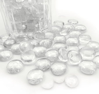 Flat Glass Marbles 1 Pound Vase Filler Fire Pit Glass Pebbles for Indoor Plants, Aquarium Fish Tank Decorations, Home Decor, Fire Pit, Landscaping, Arts Crafts (Clear)