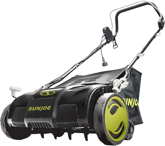 Sun Joe 15-Inch Electric Powered Lawn Dethatcher with Scarifier Blade Reel and Collection Bag - 13-Amp Corded Yard Power Rake Tool Machine for Grass Thatch Removal, AJ805E