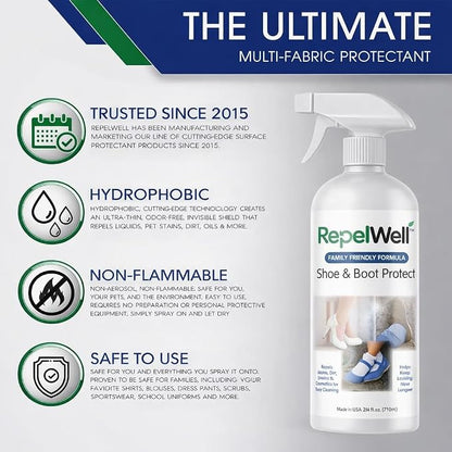 RepelWell Shoe & Boot Stain & Water Repellent (24oz) Eco-Friendly, Pet-Safe Spray Keeps Fabric, Leather & Suede Clean & Dry