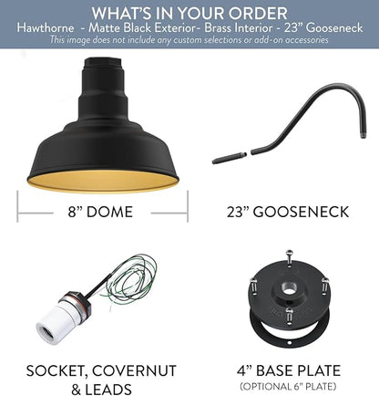Steel Lighting Co. | Dusk to Dawn | Hawthorne Barn Light | Outdoor Wall Mounted | 8 in Dome | 23 inch Gooseneck| Small Farmhouse Light Made in America | Matte Black Exterior/Brass Interior