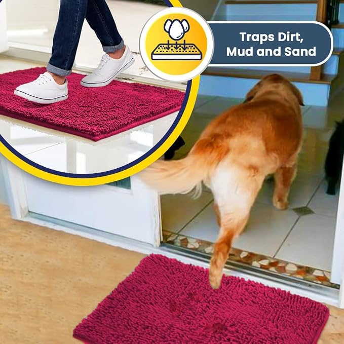 Muddy Mat® | Super Water Absorbent Door Mat Indoor, Microfiber Quick Dry Chenille Entryway Rug, Slip Resistant Front Door Mat, Indoor Mats for Entryway, Machine Washable Pet Rug, Hot Pink 32" x 44"