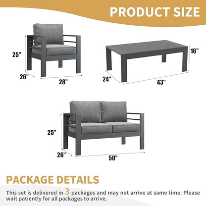 LayinSun Outdoor Aluminum Furniture Set, 4 Pieces Patio Sectional Conversation Chat Sofa Modern Seating Set with Coffee Table
