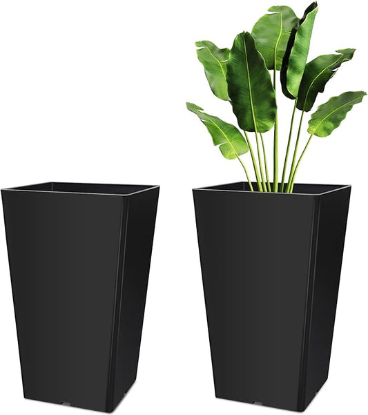 Set of 2 15.75 Inch Large Taper Planters Outdoor Indoor Tall Resin Flower Pots with Drainage Holes Modern for Front Door Patio Backyard Plants(Black)