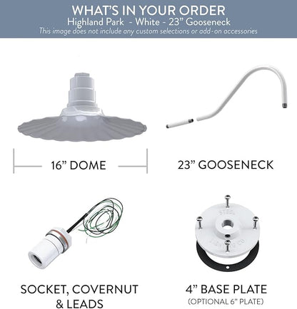 Steel Lighting Co. Highland Park Barn Light | Outdoor Wall Mounted | 16 inch Radial Wave | Upslope Gooseneck | Vintage Style Made in America | White Exterior/White Interior