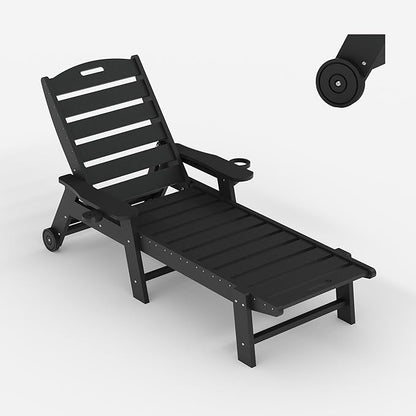 PeakPursuit Patio HDPE Chaise Lounge with Rolling Wheels, Oversize 5-Position Lounge Chair with Cup Holder, Resin Pool Lounger Chair for Outside