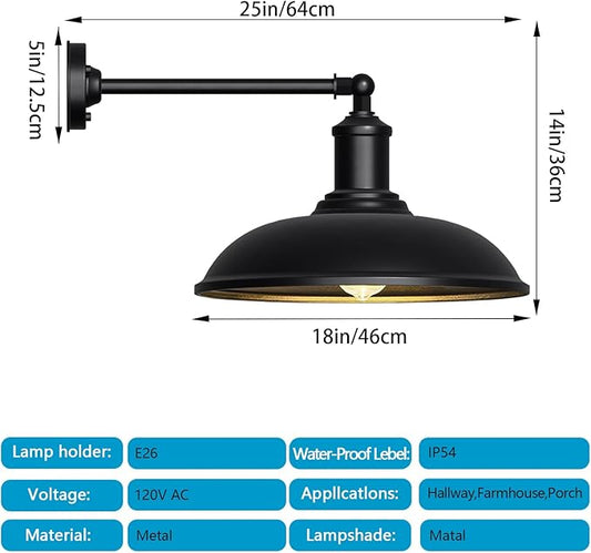 18" Vintage Style Barn Gooseneck Light, Large Farmhouse Waterproof and Rust-Resistant Wall-Mounted Lighting Fixture for Porches, Garages, Patios and Farmhouses 2-Pack
