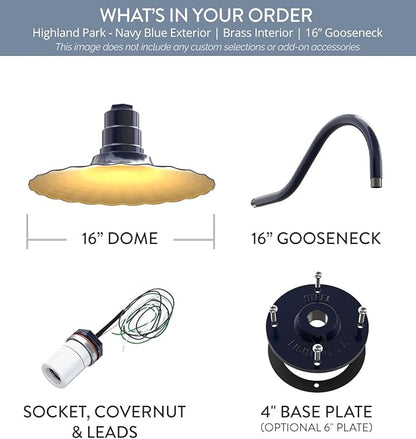 Steel Lighting Co. Highland Park Barn Light | Outdoor Wall Mounted | 16 inch Radial Wave | 16" Gooseneck | Vintage Style Made in America | Navy Blue Exterior/Brass Interior