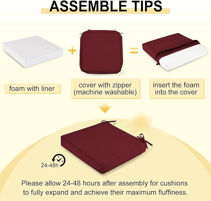 downluxe Waterproof Outdoor Chair Cushions Set of 2, 19" x 19" x 3" Patio Chair Cushion with Non-Slip Ties & Handle, Square Outdoor Cushion for Patio Furniture with Removable Cover, Burgundy