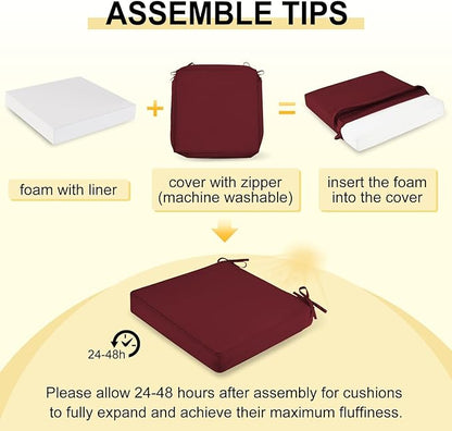 downluxe Waterproof Outdoor Chair Cushions Set of 2, 19" x 19" x 3" Patio Chair Cushion with Non-Slip Ties & Handle, Square Outdoor Cushion for Patio Furniture with Removable Cover, Burgundy