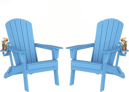 Plawdlik Folding Adirondack Chair Set of 2 with Cup Holder,Heavy All-Weather,Wooden Textured,HDPE Outdoor Chairs, Patio Backyard Fire Pit, Light Blue