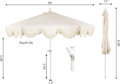 JONATHAN Y UMB1001 Collins 9 ft. Classic Cottage Tassel Market Patio Umbrella with Auto-Tilt, Crank, Wind Vent and UV Protection