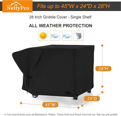 NettyPro Griddle Cover for Blackstone 28" Griddle with Single Shelf, Waterproof Heavy Duty 2 Burner Flat Top Gas Grill Cover 28" Cooking Station Camping, Black