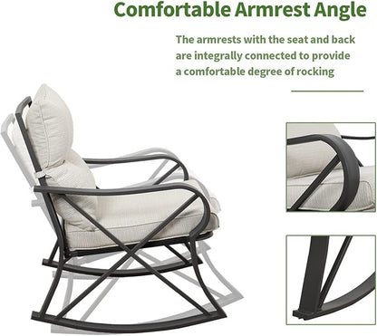 COSIEST 3 Piece Bistro Set Patio Rocking Chairs Outdoor Furniture w Beige Cushions, Glass-Top Table for Garden, Pool, Backyard