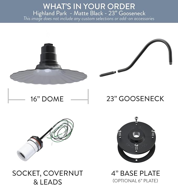 Steel Lighting Co. Highland Park Barn Light | Outdoor Wall Mounted | 16 inch Radial Wave | 23 inch Gooseneck | Vintage Style Made in America | Matte Black Exterior/White Interior