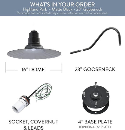 Steel Lighting Co. Highland Park Barn Light | Outdoor Wall Mounted | 16 inch Radial Wave | 23 inch Gooseneck | Vintage Style Made in America | Matte Black Exterior/White Interior