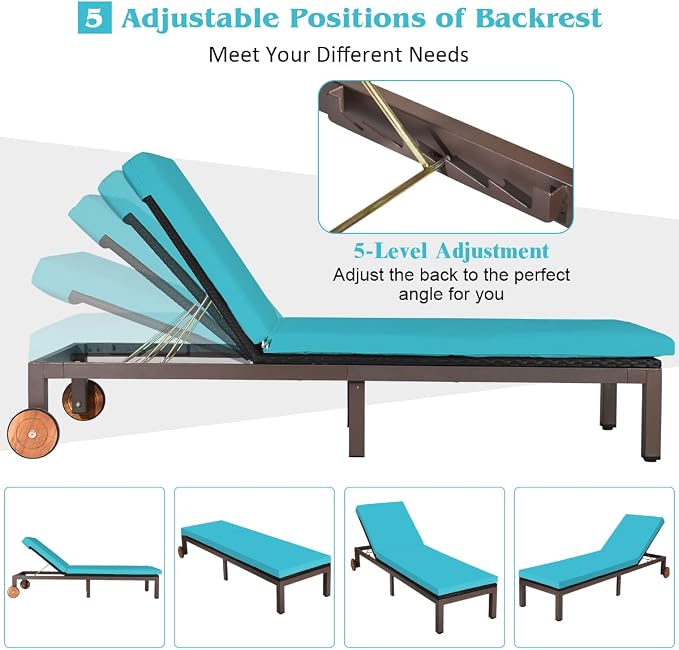 Tangkula Patio Chaise Lounge Chair, Outdoor Rattan Lounger Recliner Chair with Wheels, Wicker Chaise Chair W/Cushioned Seating, Recliner 5-Position Adjustable for Garden Patio Poolside (1, Turquoise)