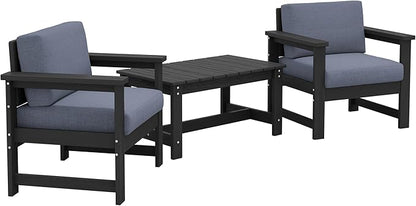 SERWALL 3 Pieces HDPE Outdoor Sofa Bistro Set with Cushions, Outdoor Furniture Sofa Sets with Coffee Table and Cushions, All Weather Conversation Social Set, Black Frame and Grey Cushion