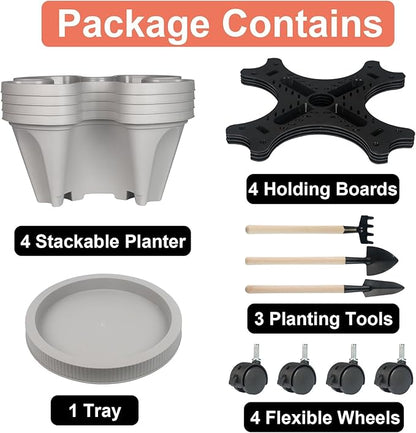 GameXcel Vertical Planter Tower- 4 Tier Stackable Garden Planter with Wheels and Tool Set – Grow Strawberries Herbs Flowers and Vegetables - Indoor Outdoor Use Gray