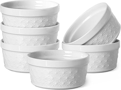 8 oz Creme Brulee Ramekins Oven Safe - Ceramic Baking Bowls Set of 6, Porcelain Souffle Dish, White Snowflake Baking Bowls for Dessert, Pudding, Pie, Tart, Custard, Dipping Sauces