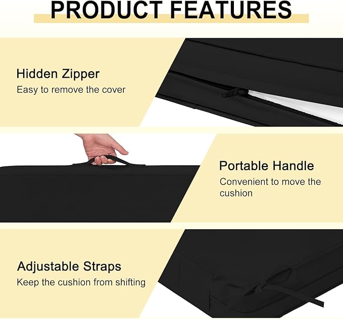 downluxe Waterproof Outdoor Chair Cushions Set of 2, 19" x 19" x 3" Patio Chair Cushion with Non-Slip Ties & Handle, Square Outdoor Cushion for Patio Furniture with Removable Cover, Black