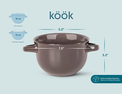 KooK French Onion Soup Bowls, Crocks, Oven Safe Bowls, Soup Mugs, Ceramic Bowls, Dishwasher, Microwave, Set of 4, 18 oz (Dark Mauve)