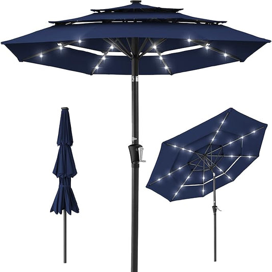 Best Choice Products 10ft 3-Tier Solar Patio Umbrella, Outdoor Market Sun Shade for Backyard, Deck, Poolside w/ 24 LED Lights, Tilt Adjustment, Easy Crank, 8 Ribs - Navy Blue