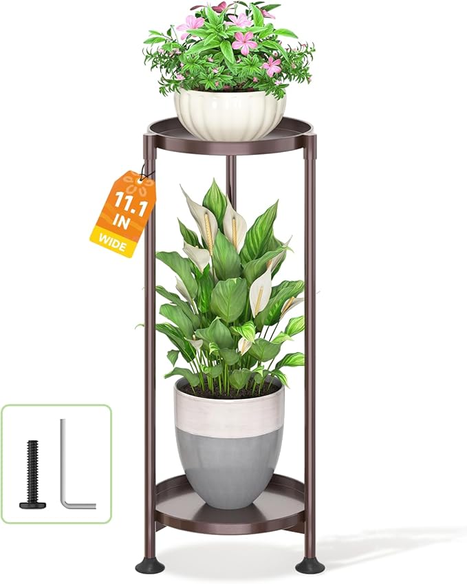 LASZOLA 2 Tier Bronze Plant Stand Indoor for Large Tall Heavy Duty Flower Planter, Metal Vertical Multi Level Rack for Narrow Floor Corner, Sturdy Round Holder Organizer, Modern, Mid Century, Farmhouse