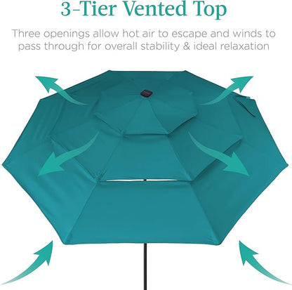 Best Choice Products 10ft 3-Tier Solar Patio Umbrella, Outdoor Market Sun Shade for Backyard, Deck, Poolside w/ 24 LED Lights, Tilt Adjustment, Easy Crank, 8 Ribs - Cerulean