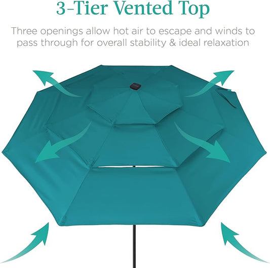 Best Choice Products 10ft 3-Tier Solar Patio Umbrella, Outdoor Market Sun Shade for Backyard, Deck, Poolside w/ 24 LED Lights, Tilt Adjustment, Easy Crank, 8 Ribs - Cerulean