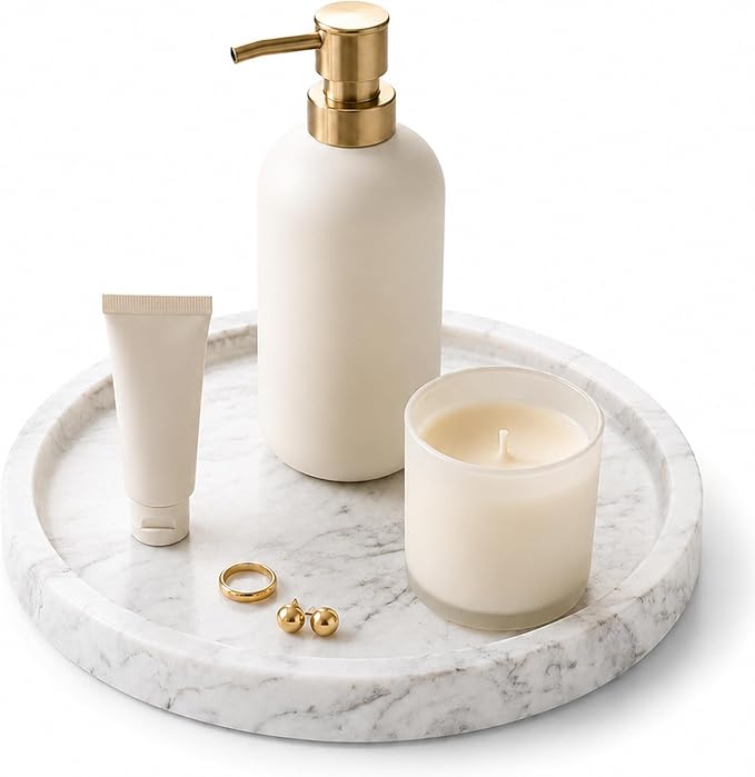 Natural Marble Decorative Tray for Bathroom Bedroom Kitchen Dresser, Round Vanity Trays for Jewelry, Perfume, Cosmetic, Candle, Countertop Storage Organizer for Home Decor Color White (TP601)