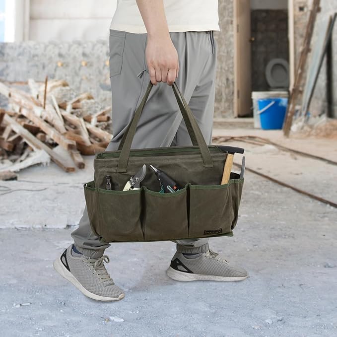 Tool Bag with Metal Frame, Waxed Canvas Wide Open Top Tool Tote Bag with 9 External Pockets, 15.5 x 7.5 x 10.5 Inches (ArmyGreen)