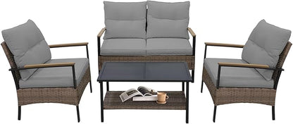 COOS BAY Sunset Haven Outdoor Patio Furniture Set, Outdoor Conversation Set, Rattan Wicker Sofa, Loveseat, 2 Patio Chairs and Coffee Table, Brown/Gray