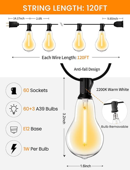 String Lights for Outside 120ft Waterproof with 60+3pcs A39 Shatterproof Edison Bulbs Outdoor String Lights for Patio, Yard, Cafe, Bistro, Market, Warm White 2200k