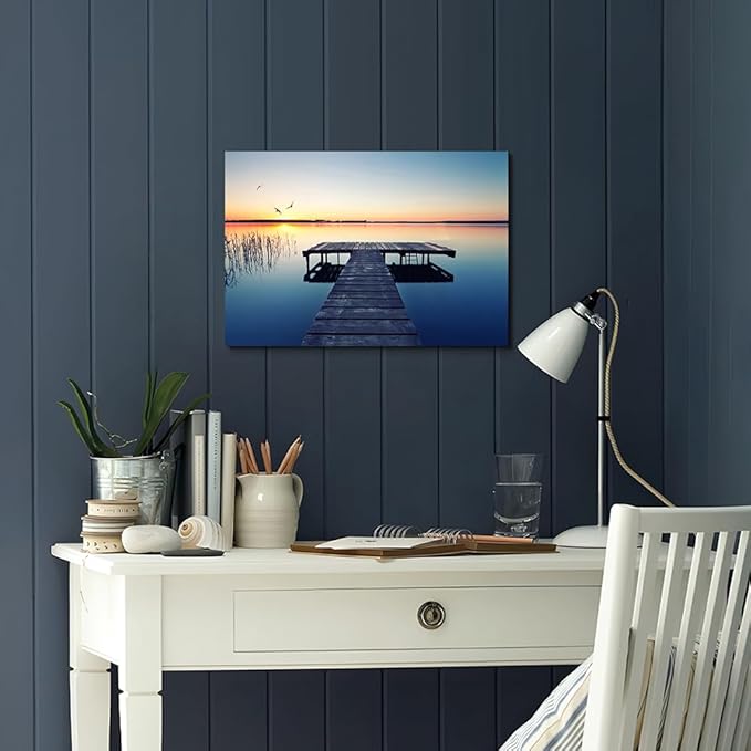 Hardy Gallery lake wall art pier picture: scenic nature canvas wall art lake scene artwork dock scenery wall decor painting - sunset landscape prints for bedroom house 16"x11"