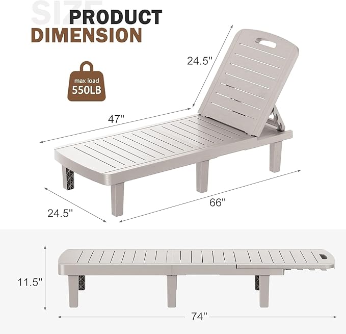 WACASA Outdoor Chaise Lounge Chairs, Oversized Lounge Chairs with 5-Level Adjustable Backrest & Cup Holder, Resin Waterproof Pool Lounge Chair for Patio, Beach, Yard, Gray