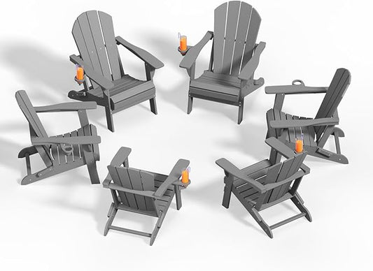 Folding Adirondack Chairs with Cup Holders, Set of 6 HDPE Plastic Outdoor Chairs, Weather Resistant, Real Wood Look, Heavy-Duty Patio Furniture for Deck, Fire Pit, Backyard, Gray