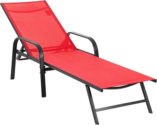 NEWBULIG Outdoor Lounge Chair for Pool, Chaise Lounge Chairs with 5 Position Recliner,350 lbs Heavy Duty Patio Pool Chairs, Outdoor Sun Chairs with Metal Frame for Backyard, Red