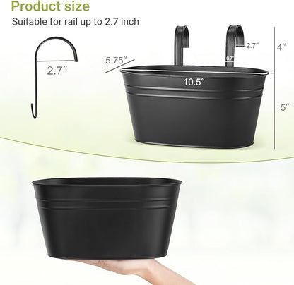 Dahey 10.5 Inch Metal Iron Hanging Flower Pots for Railing Fence Hanging Bucket Pots Countryside Style Window Flower Plant Holder with Detachable Hooks Home Decor,Black,3 Pcs