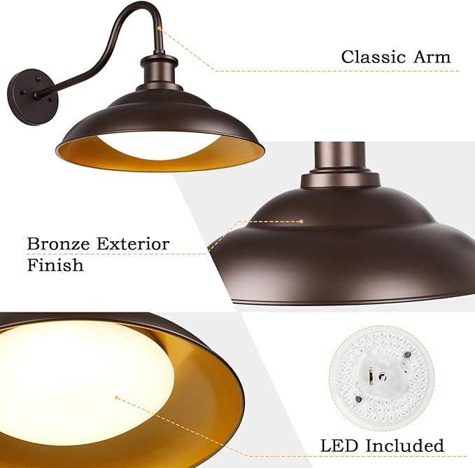 LED Outdoor Barn Lights, 12'' Farmhouse Exterior Wall Light Fixtures Wall Mount, Bronze Porch Lights Outside with Adjustable Color Temperature, Outdoor & Indoor, Oil Rubbed Bronze, 2 Pack