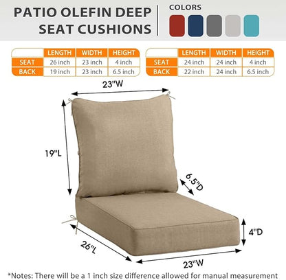 Sundale Outdoor Olefin Deep Seat Cushion Set of 2, Patio Chair Cushion and Pillow, Water-Resistant Sectional Sofa Pad with Straps Khaki, 23 x 26 x 4 Inches