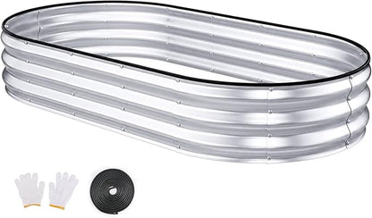 Raised Garden Bed, 6x3x1ft Galvanized Outdoor Planter Beds with Safety Edging and Gloves, Oval Metal Planter Box for Gardening Vegetables Flowers Herb-Silver