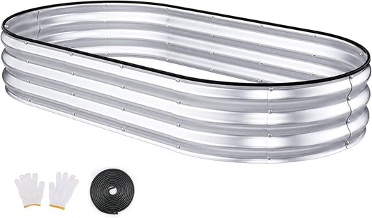 Raised Garden Bed, 6x3x1ft Galvanized Outdoor Planter Beds with Safety Edging and Gloves, Oval Metal Planter Box for Gardening Vegetables Flowers Herb-Silver