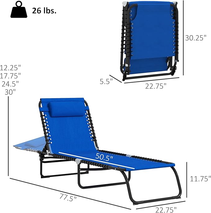 Outsunny Folding Chaise Lounge Chair Set of 2, Patio Sun Tanning Chair, Outdoor Chaise Lounger with 4-Position Reclining Back, Breathable Mesh Seat for Beach, Poolside, Yard, Blue