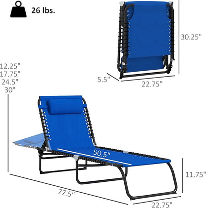 Outsunny Folding Chaise Lounge Chair Set of 2, Patio Sun Tanning Chair, Outdoor Chaise Lounger with 4-Position Reclining Back, Breathable Mesh Seat for Beach, Poolside, Yard, Blue