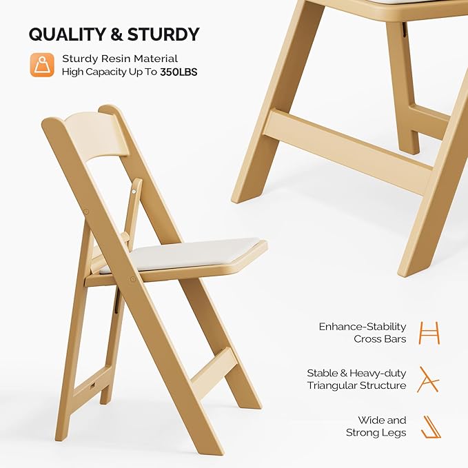 VINGLI Resin Folding Chairs with Cushion, Foldable Plastic Chair with Comfortable Padded Seats, Perfect for Event Party Indoor Outdoor, Natural, 8 PC