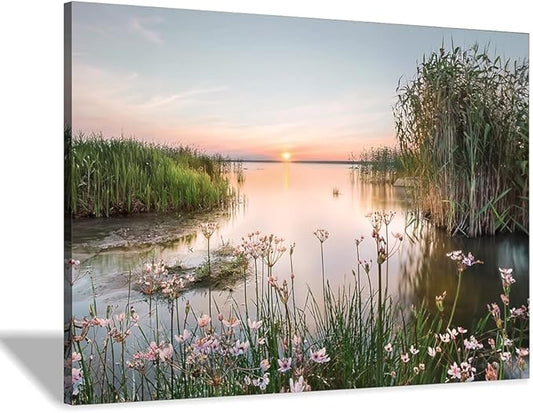 Hardy Gallery lake pictures wall decor artwork: scenic canvas wall art lake scene artwork nature scenery painting - sunset landscape prints for bedroom house 36"x24"